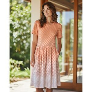 Lularoe Amelia Pleated Dress Orange Coral Arrows Dots Ombré Dip Size XL Flare